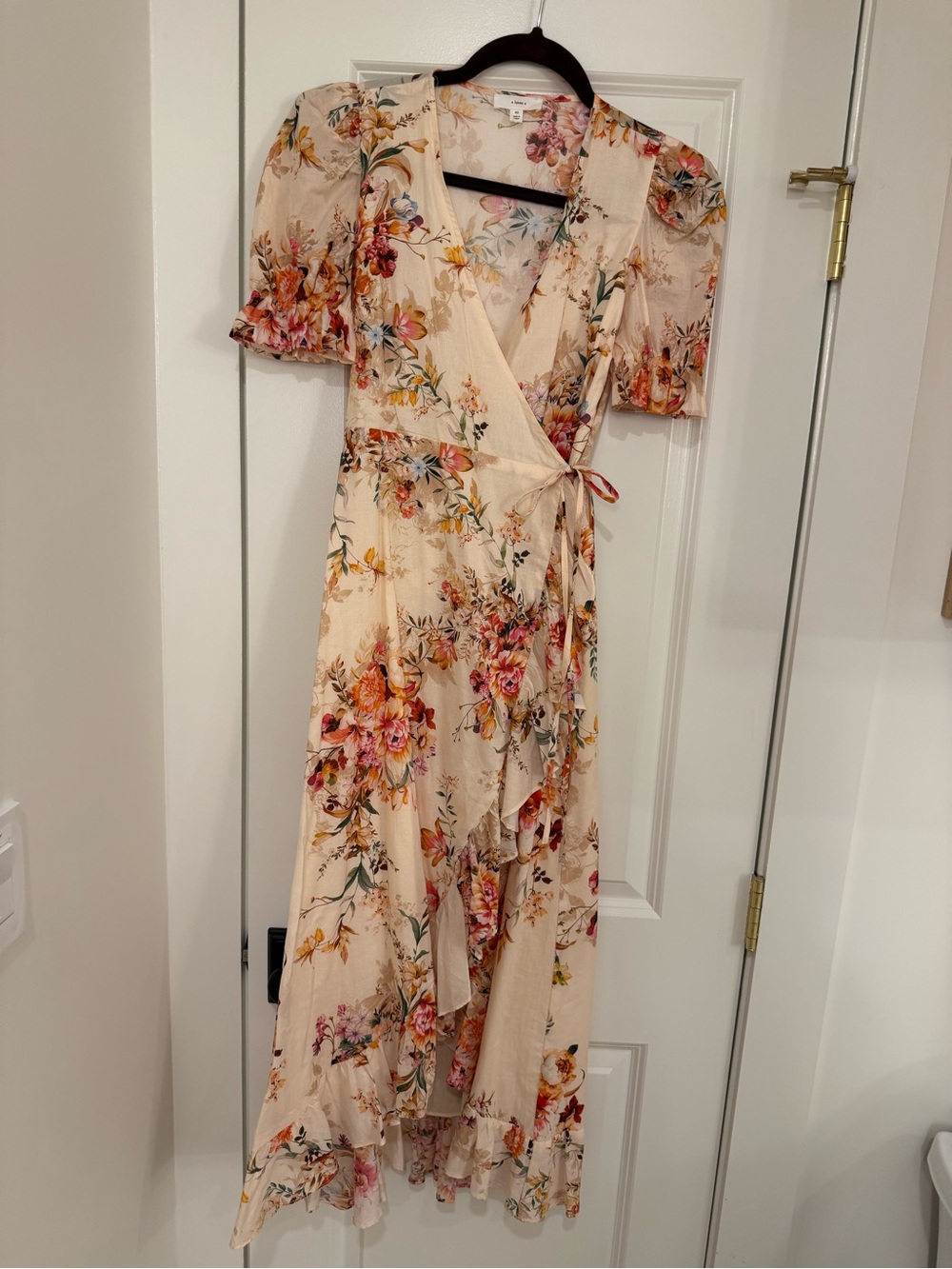 Romantic Beige Floral Wrap Maxi Dress with Pink & Orange Accents